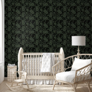 Zwart en Salie Groene bloemschil en stok Behang