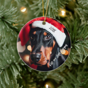 Zwart en Tan Doberman met Santa Hat Keramisch Ornament