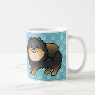 Zwart En Tan Jas Pomeranian Honden Op Blauwe Koffiemok