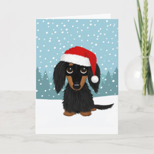 Zwart en Tan Longhaired Dachshund Hondenkerst Feestdagen Kaart