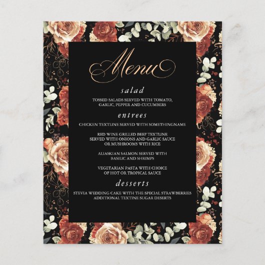Zwart en Terracotta Elegant Modern Bruiloft Menu (Voorkant)