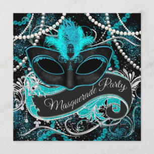 Zwart en turquoise-blauw gemaskerd bal kaart