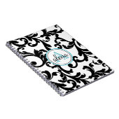 Zwart en Turquoise Monogrammed Damask Print Notitieboek (Rechterzijde)