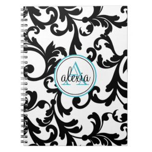 Zwart en Turquoise Monogrammed Damask Print Notitieboek