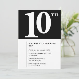 Zwart en wit 10e verjaardagsuitnodiging Chic Kaart