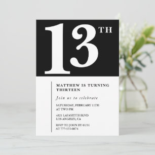Zwart en Wit 13e verjaardagsuitnodiging Chic Kaart
