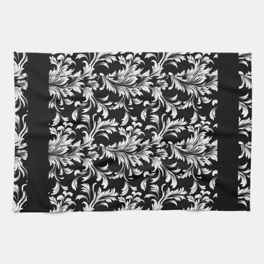 Zwart en wit blad patroon keukenhanddoek (Horizontaal)