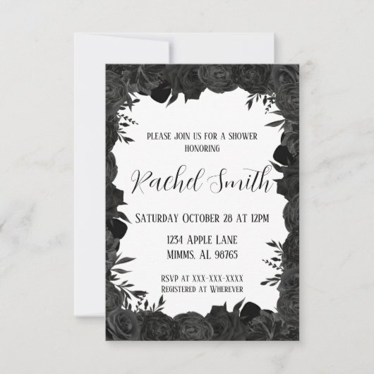 Zwart en wit bloemenuitnodiging kaart (Voorkant)