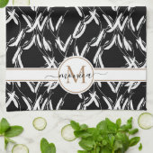 Zwart en wit bloemmotief botanisch goud gemonogram theedoek (Gevouwen)