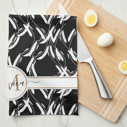 Zwart en wit bloemmotief botanisch goud gemonogram theedoek (Quarter Fold)
