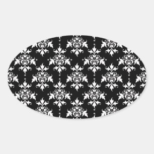 Zwart en wit bloemmotief damastpatroon ovale sticker