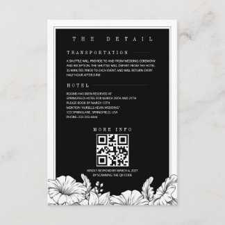 Zwart en wit bloemmotief QR details bruiloft Informatiekaartje