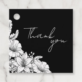 Zwart en wit bloemnaam monogram bruiloft bedankjes labels