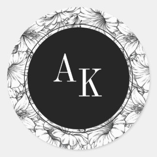 Zwart en wit bloemnaam Monogram bruiloft Ronde Sticker