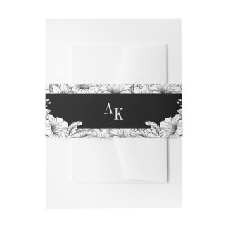 Zwart en wit bloemnaam monogram bruiloft uitnodigingen wikkel