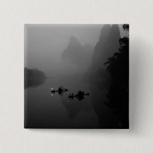 Zwart en wit, China, Li rivier, Visser op Vierkante Button 5,1 Cm