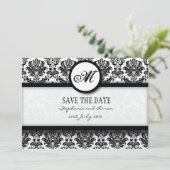 Zwart en wit Damask Monogram opslaan Datum Kaart (Staand voorkant)