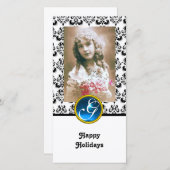 ZWART EN WIT DAMAST Blauwe saffier monogram Feestdagenkaart (Voorkant / Achterkant)