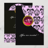 ZWART EN WIT DAMAST MONOGRAM,rode robijn,fuchsia Kaart (Voorkant / Achterkant)