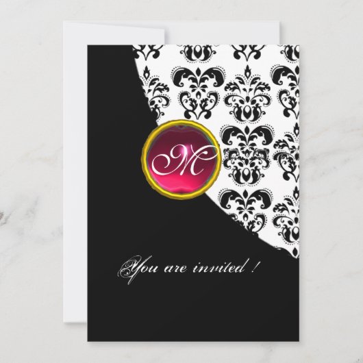 ZWART EN WIT DAMAST MONOGRAM,rood robijn,fuchsia Kaart (Voorkant)