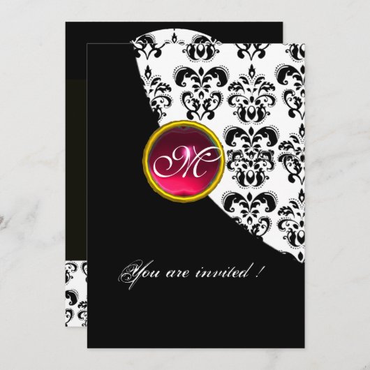 ZWART EN WIT DAMAST MONOGRAM,rood robijn,fuchsia Kaart (Voorkant / Achterkant)