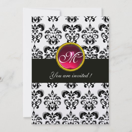 ZWART EN WIT DAMAST MONOGRAM,rood robijn,fuchsia Kaart (Voorkant)
