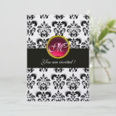ZWART EN WIT DAMAST MONOGRAM,rood robijn,fuchsia Kaart (Staand voorkant)