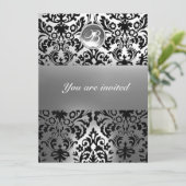 ZWART EN WIT DAMAST PATROON EDELSTEEN MONOGRAM KAART (Staand voorkant)