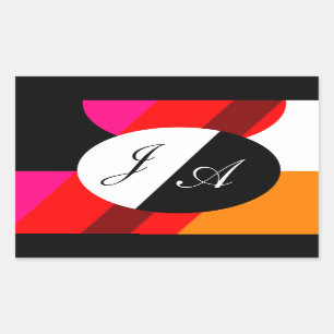 Zwart en wit en rood dubbel gemonogrammeerd rechthoekige sticker