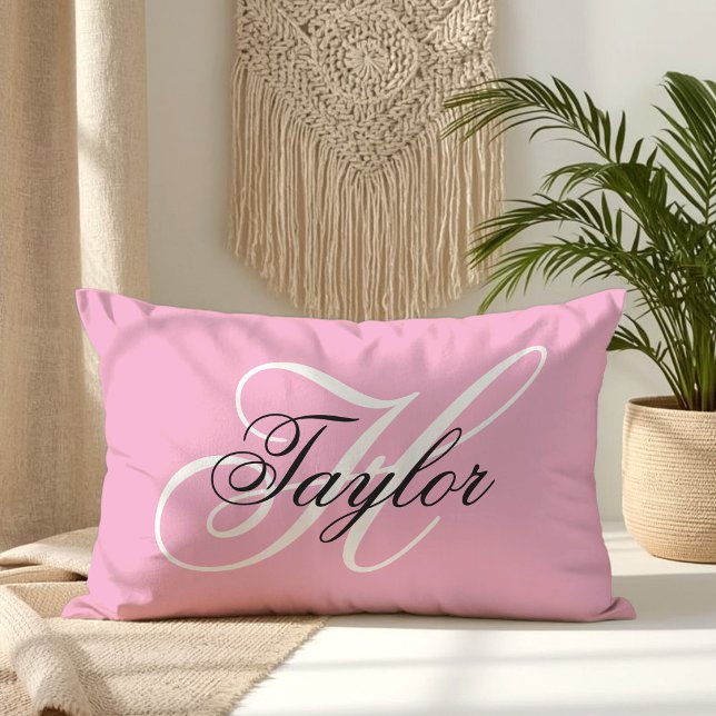 Zwart en wit fancy monogram roze kussen (Black and White Fancy Monogram Pink Lumbar Pillow)