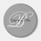 Zwart en wit fancy script monogram grijs magneet (Voorkant)