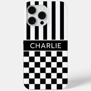 Zwart en Wit Geruit Gestreept Gepersonaliseerd iPhone 15 Pro Max Hoesje