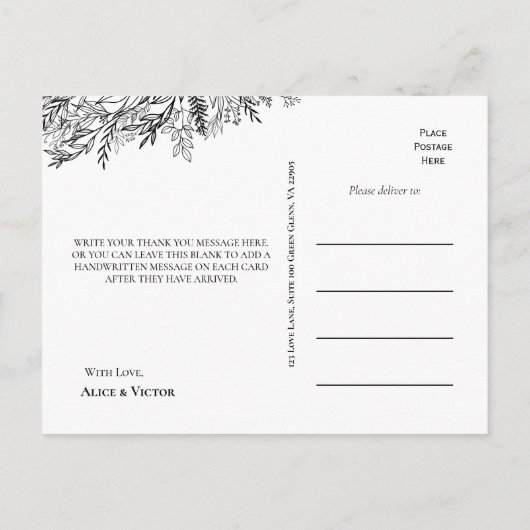 Zwart en Wit Groene Huwelijks Dankjewel Briefkaart (Achterkant)