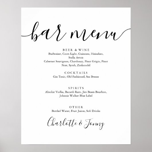 Zwart en wit handtekening script bar menu bord poster (Voorkant)