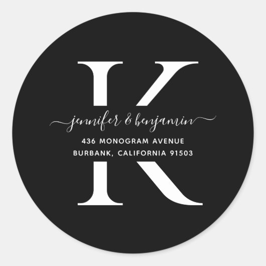 Zwart en wit het Monogram van het Manuscript Adres Ronde Sticker (Voorkant)