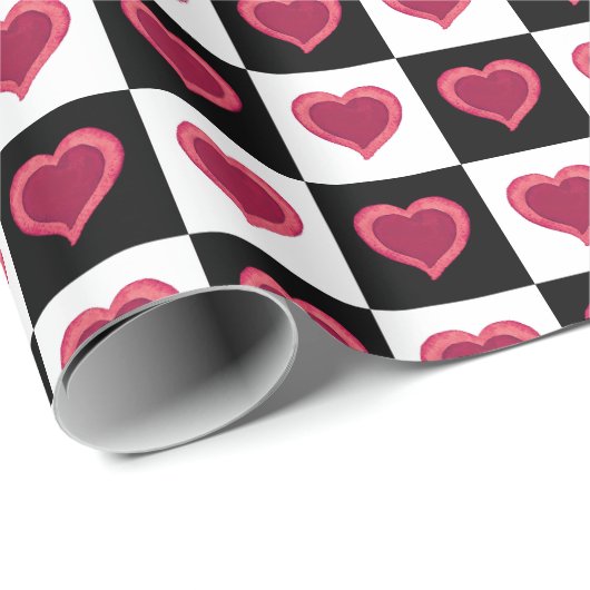 Zwart en wit ingecheckt patroon, rode harten cadeaupapier (Rol Hoek)