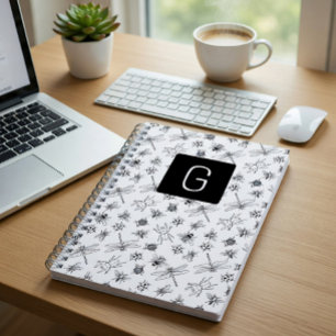 Zwart en Wit Insect Schets Monogram Notitieboek