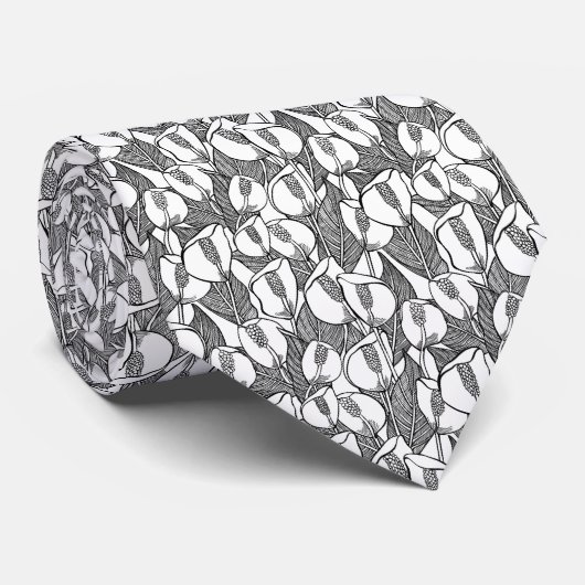 Zwart en wit Lily Pattern Stropdas (Opgerold)