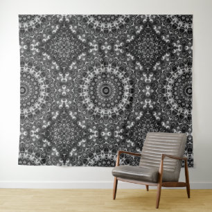 Zwart en Wit Mandala Geometrisch Ontwerp Wandkleed