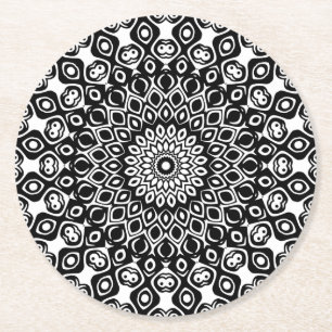 Zwart en Wit Mandala Patroon Ronde Kartonnen Onderzetter