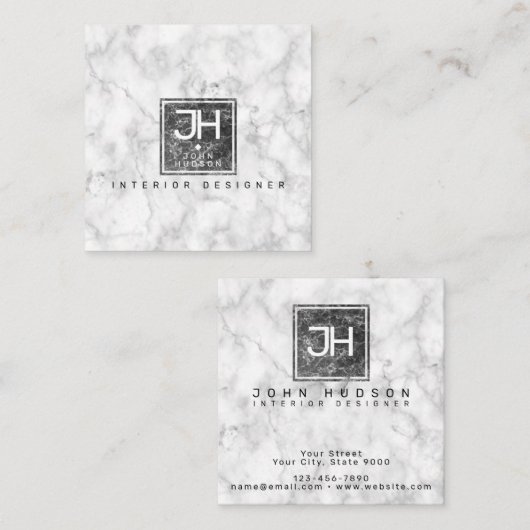 Zwart en wit marmer design Modern Monogram Busi Vierkante Visitekaartje (Voorkant / Achterkant)