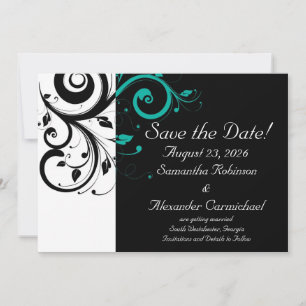 Zwart en wit met omgekeerde Teal werveling Save The Date