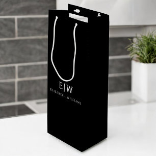Zwart en Wit Minimalistisch Modern Monogram Wijn Cadeautas