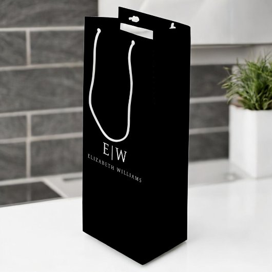 Zwart en Wit Minimalistisch Modern Monogram Wijn Cadeautas