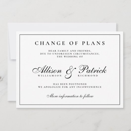 Zwart en Wit Minimalistisch Uitstel Huwelijk Aankondiging (Voorkant)