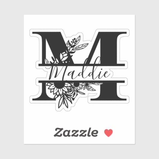 Zwart en wit Modern Elegant "M" Naam Sticker (Vel)