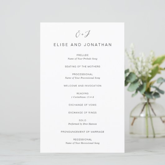Zwart en wit monogram elegant trouwprogramma (Staand voorkant)