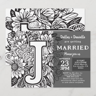 Zwart en wit monogram J Tattoo bloemen bruiloft Kaart