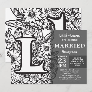 Zwart en Wit Monogram L Tattoo Bloemen Bruiloft Kaart
