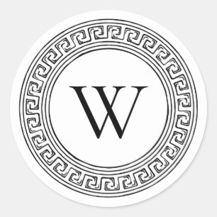 Zwart en wit monogram met Grieks sleutelpatroon Ronde Sticker